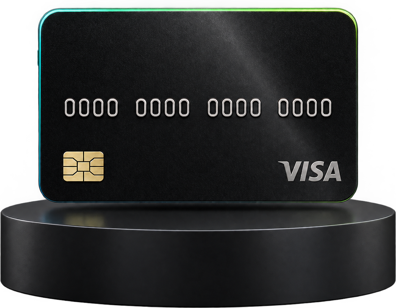The VEXERY Visa card, black with a glowing edge, standing on a pedestal